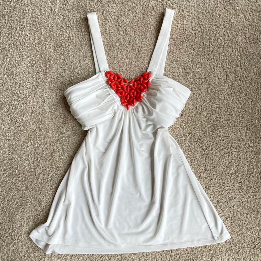 Y2K Cache White Babydoll Top with Beaded Embellishments - Size S